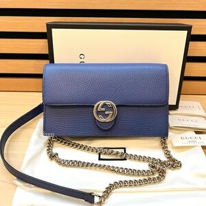 GUCCI 510314 Dollar Interlocking G Calfskin Leather Chain Wallet / Crossbody bag